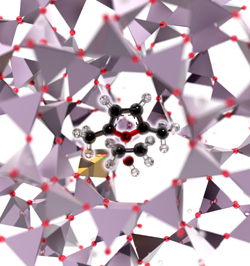 Transition state for the cycloaddition of ethanol and DMF in a zeolite pore.