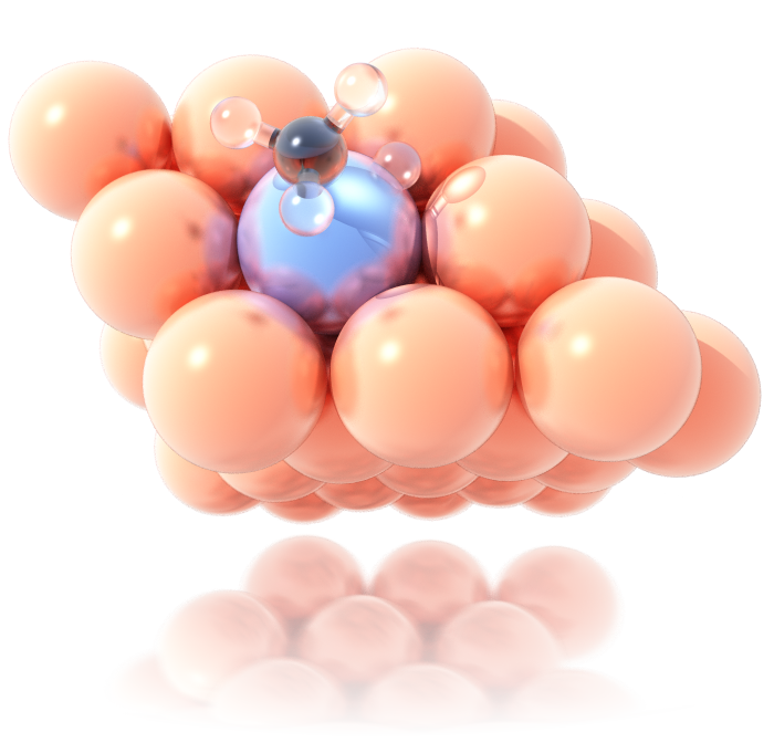 Methane dissociating on the Pt atom of a Pt/Cu single atom alloy slab.